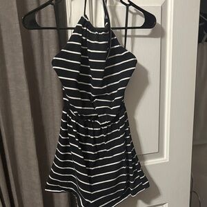 Black and White Striped Halter Romper